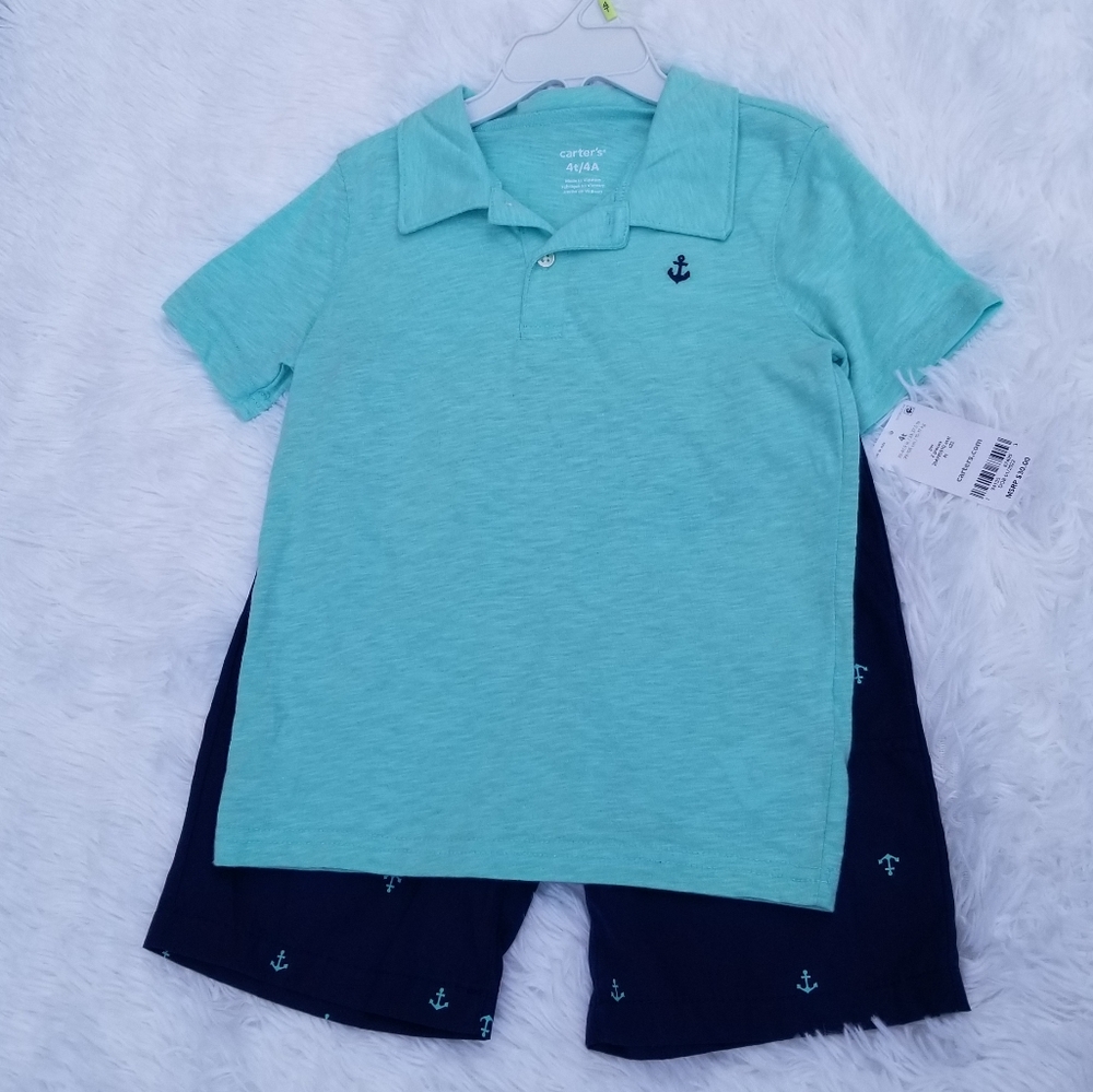 Carter's Size 2-Piece Jersey Polo and Short Set in Mint Blue w/ Anchors - Picture 2 of 5